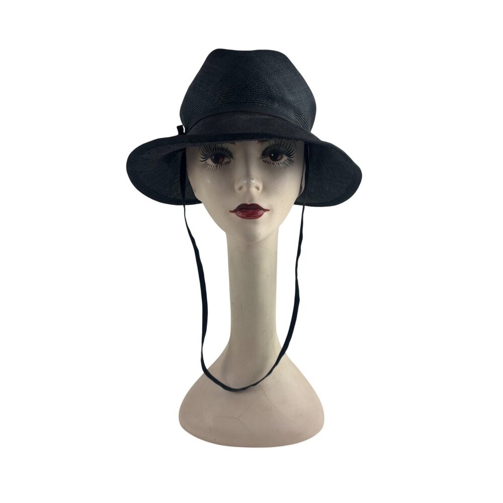 Vintage 60s Straw Sun Hat Womens Black Floppy With Chin Strap